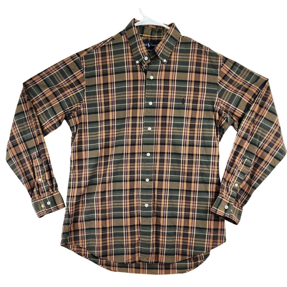 Ralph Lauren Custom Fit Plaid Button Down Mens 16.5 L Brown Green Preppy Classic